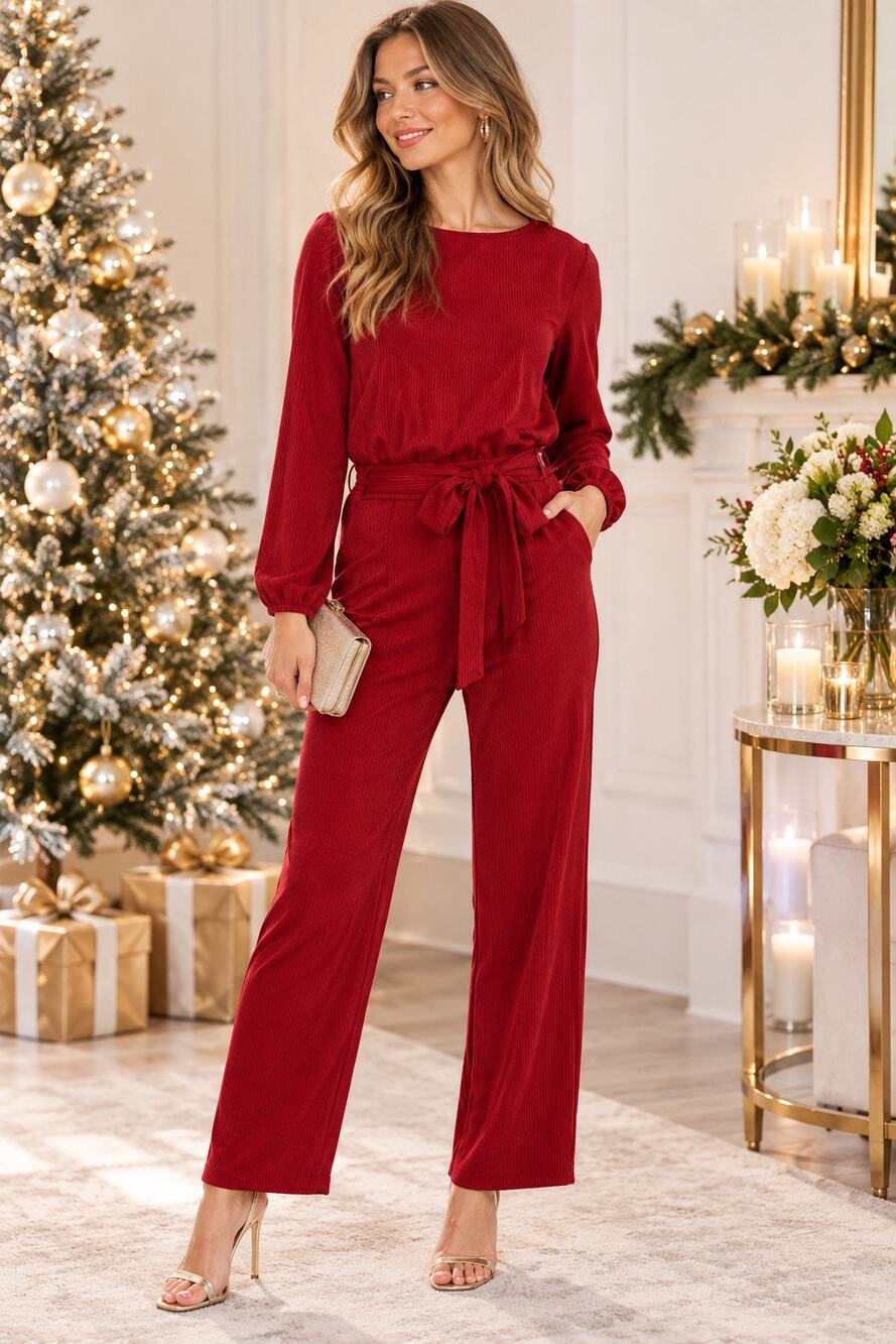 Nikki Lund Joy Burgandy One Piece Long Sleeve Tie Waist Jumpsuit Large NWOT